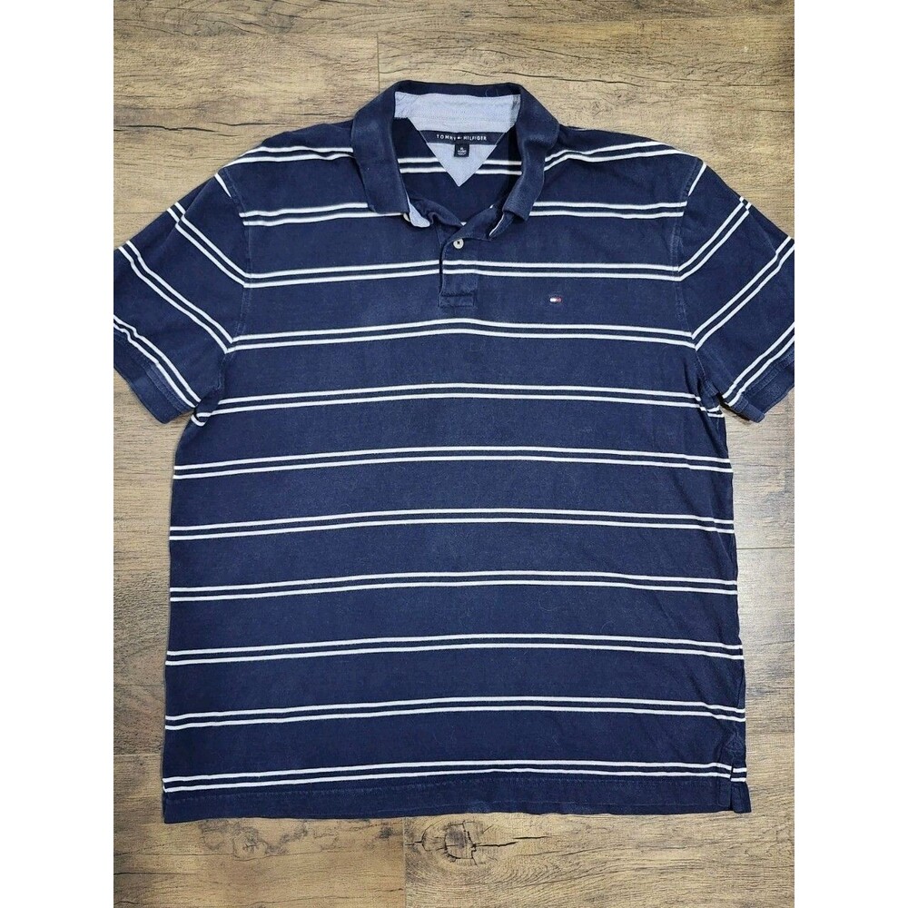 Tommy Hilfiger Polo Shirt Men's XL Navy Striped Short Sleeve Collared Casual